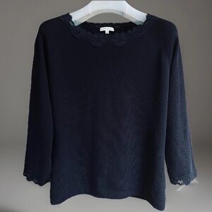 Studio London Black Thin Knitted Top Blouse with Lace Trim Short Sleeve Size L